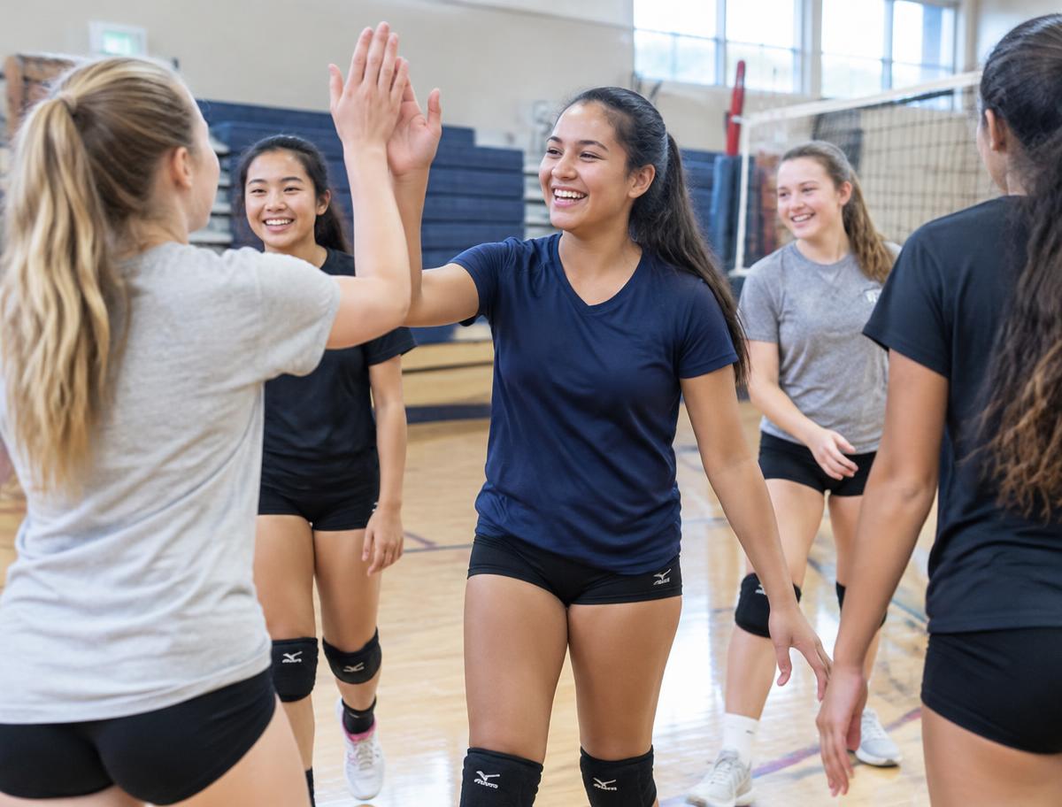 Volleyball players high-fiving after practice