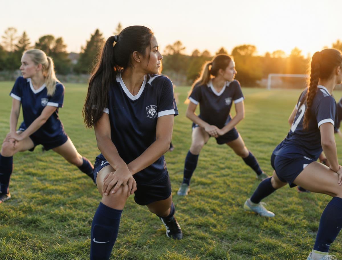 High school soccer players stretching together at sunset