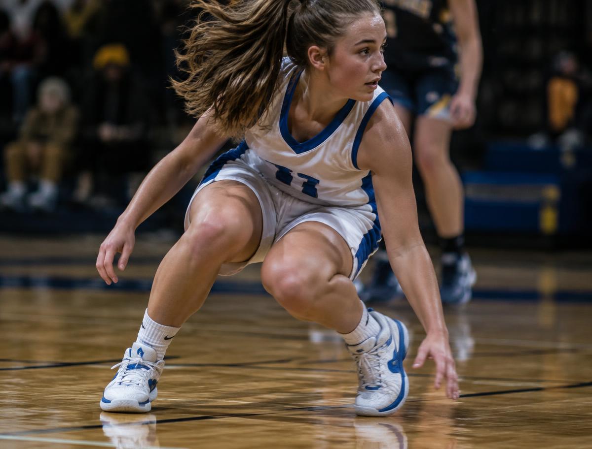 Basketball player in a deep, low cut on the court