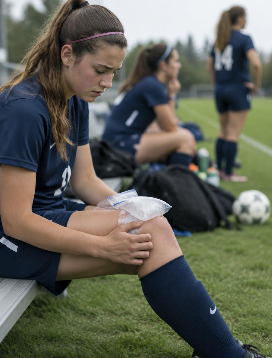 Soccer player icing her knee on the sideline