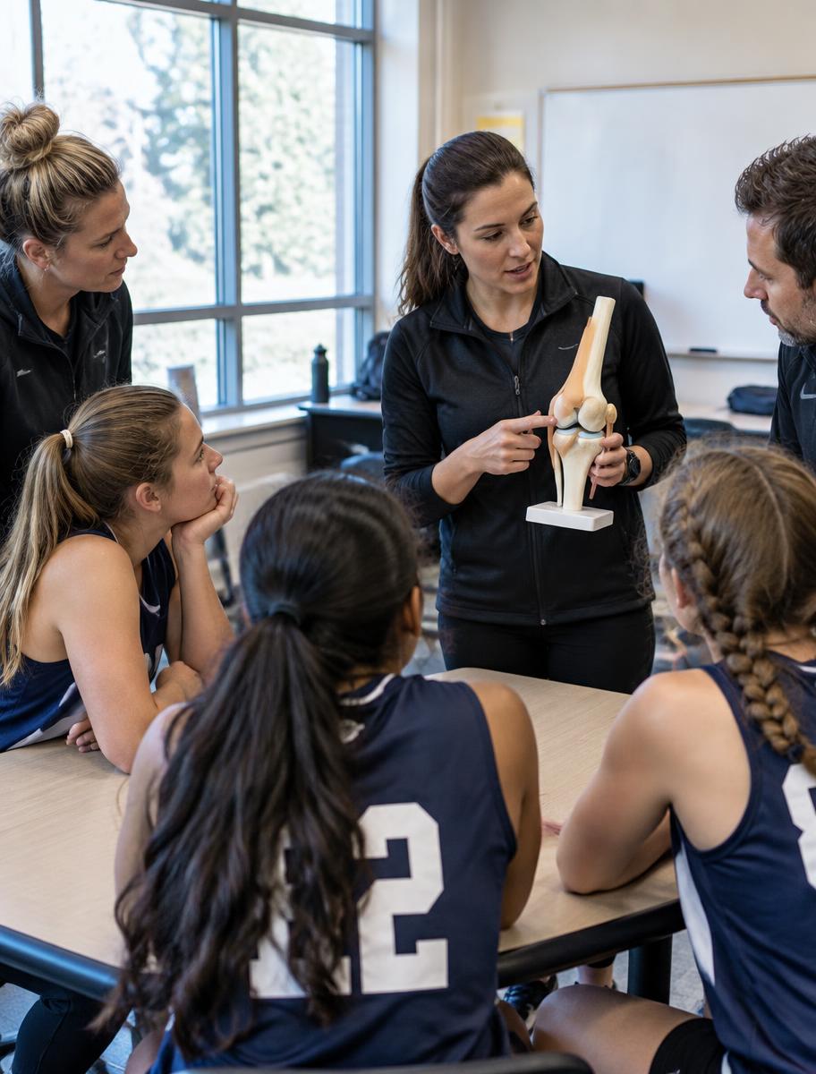 Presenter showing a knee model to athletes and coaches